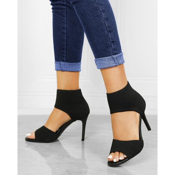 Black 3 Inches Peep Toe Synthetic Stiletto Stretchy Heeled Sandals for Women - Picture 5 of 9